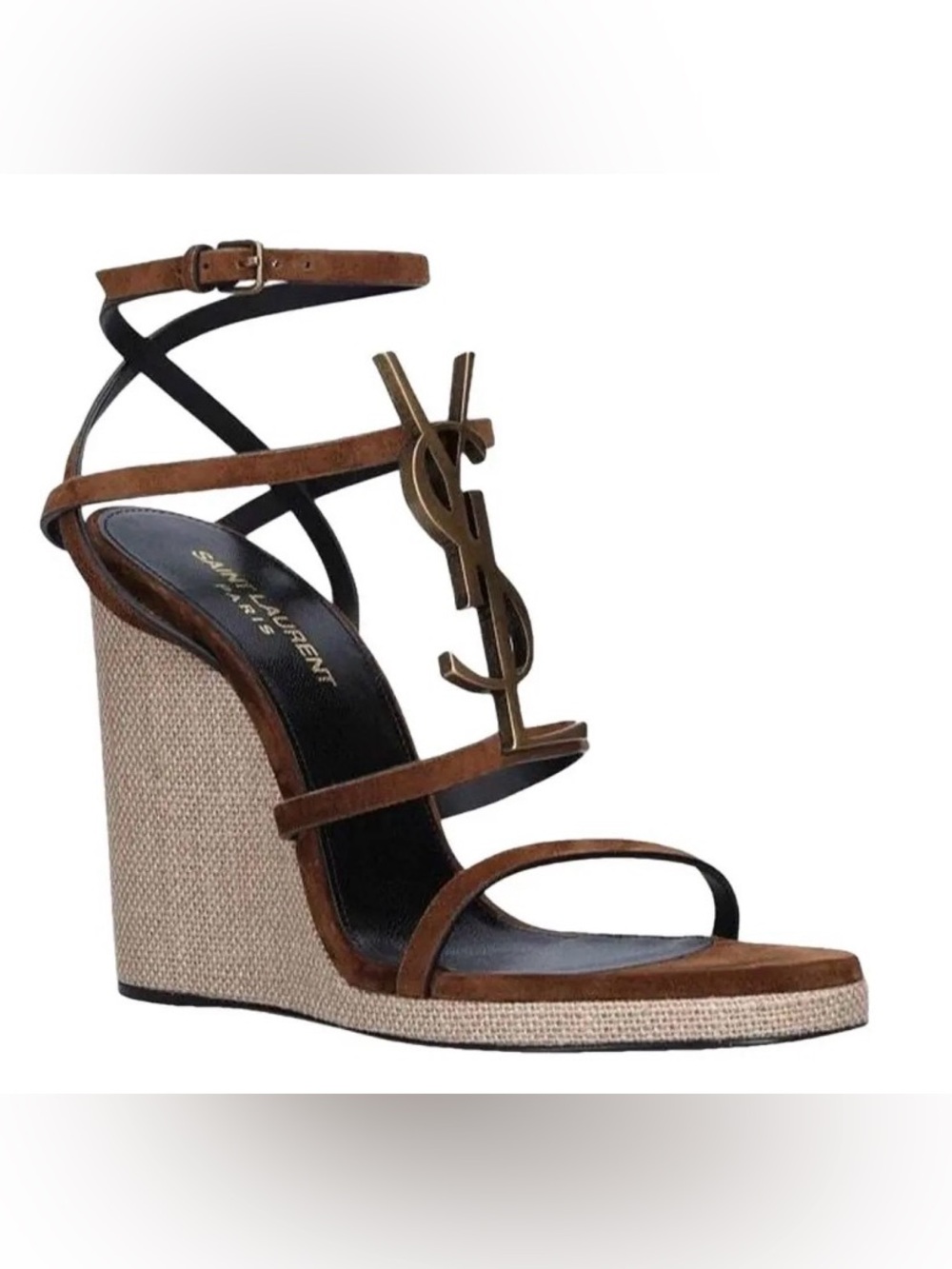 Saint Laurent Cassandra 105 Wedge Sandals Brown Suede Size 38 - Picture 1 of 11